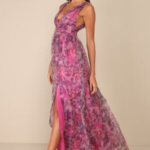 Lulus Garden Romance Magenta Floral Print Organza Maxi Dress Pink - Size L